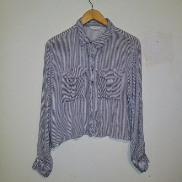 Sim & Sam Pinstripe Button Up Blouse-Large-Hidden Placket-Roll Tab Sleeve-Pocket - Picture 1 of 8